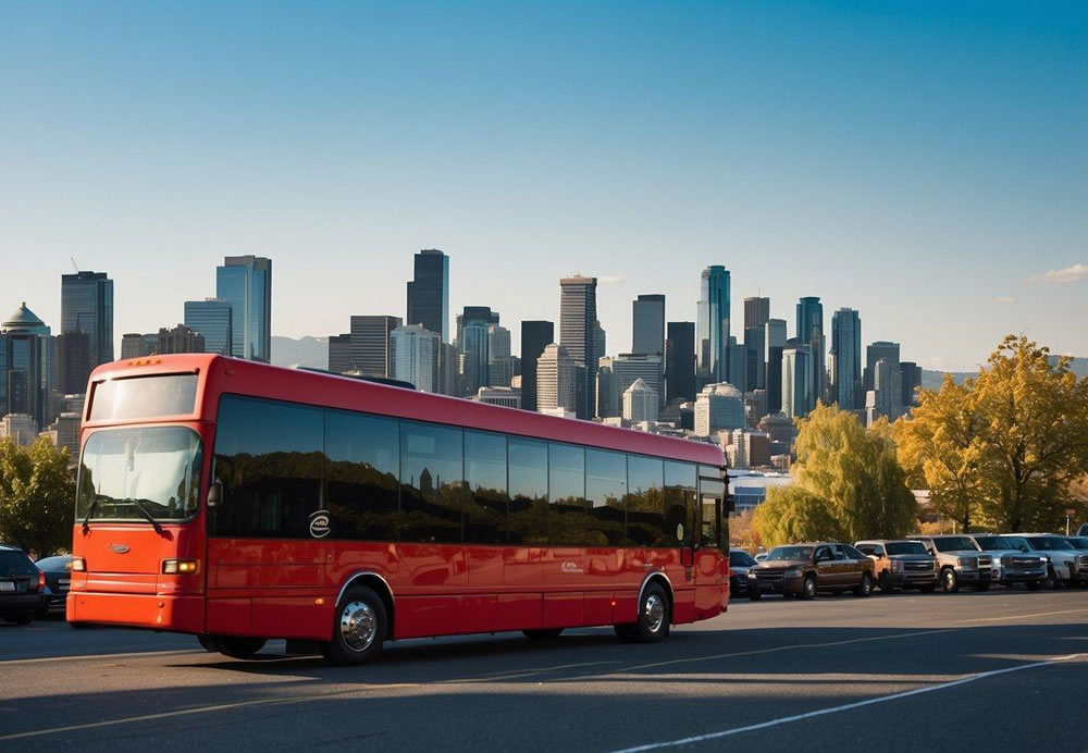 A charter bus parked in front of the Space Needle in Seattle, with a clear blue sky and the city skyline in the background