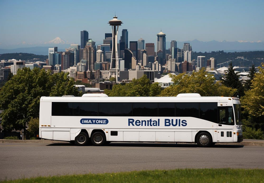 A charter bus parked in Seattle with a city skyline in the background. A sign displaying rental costs is visible on the bus