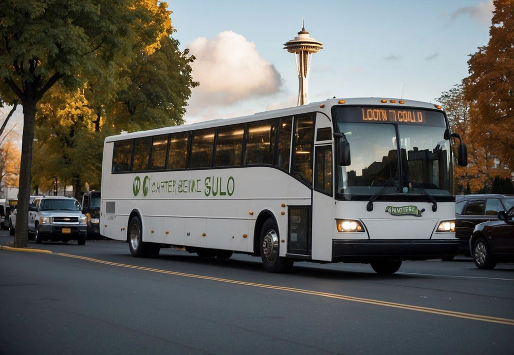 A charter bus parked in front of the Space Needle, with a price list displayed on the side of the bus. The Seattle skyline is visible in the background