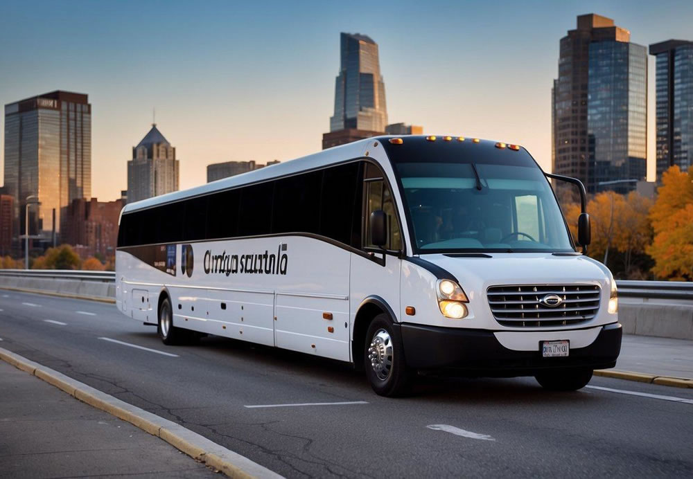 A charter bus parked in front of a modern city skyline, with spacious seating, onboard amenities, and a friendly driver