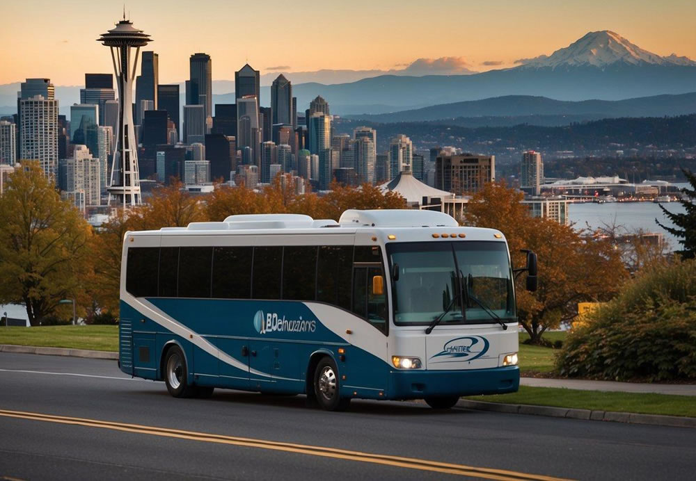 A charter bus parked in front of the Seattle skyline, with passengers boarding and a driver loading luggage