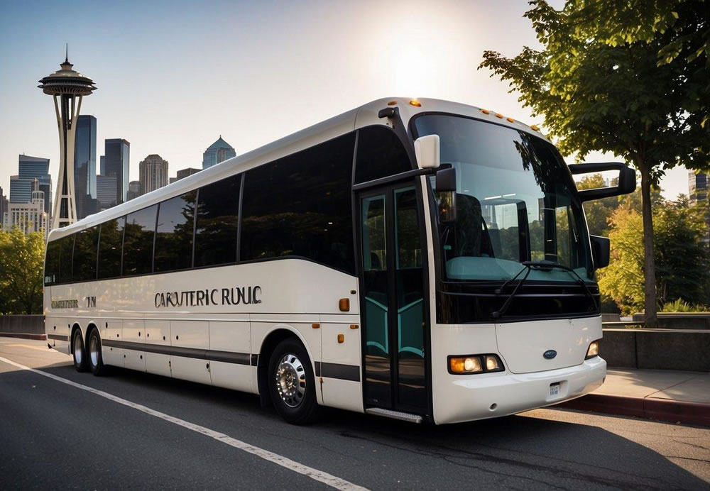 A charter bus parked in front of the Seattle skyline, with passengers boarding and a driver loading luggage