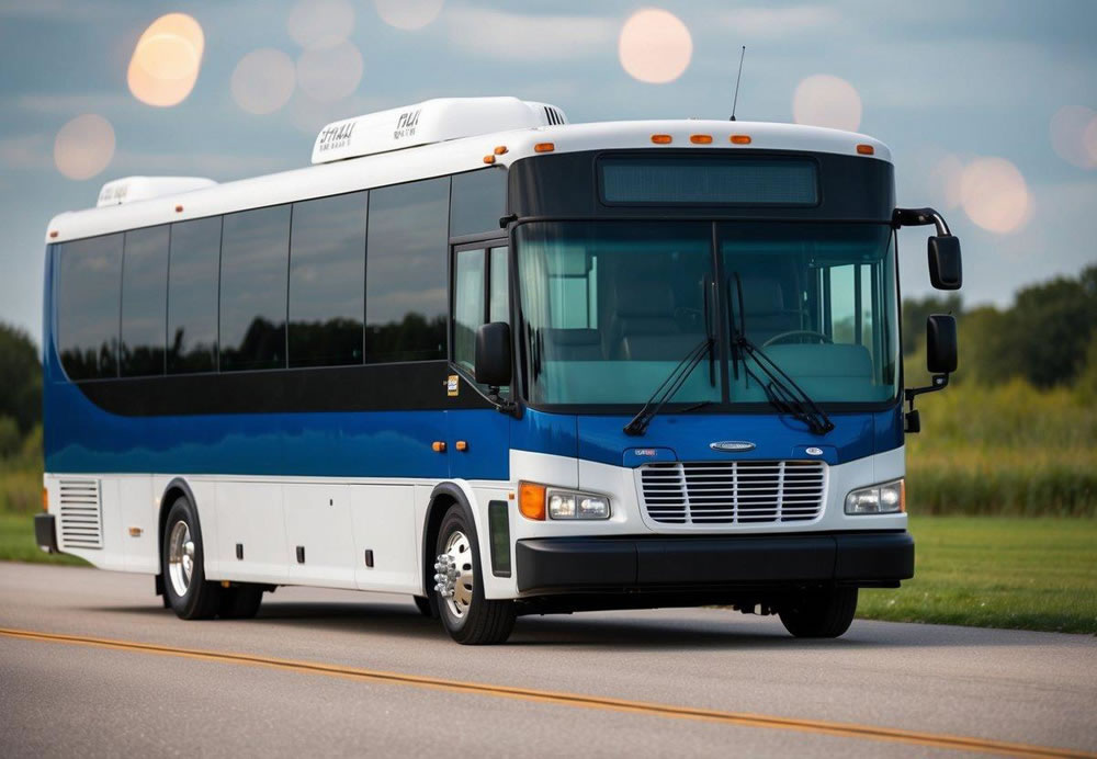 A charter bus with rows of seats, overhead compartments, and large windows