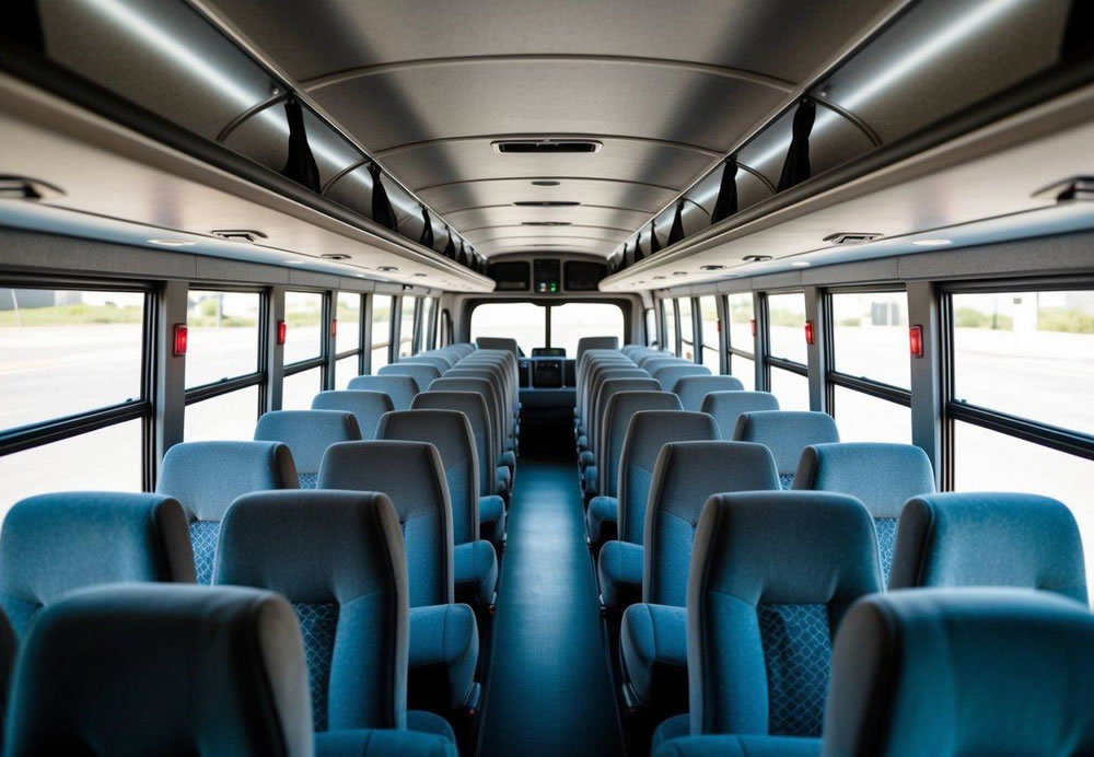  A charter bus with rows of cushioned seats, overhead storage compartments, and large windows