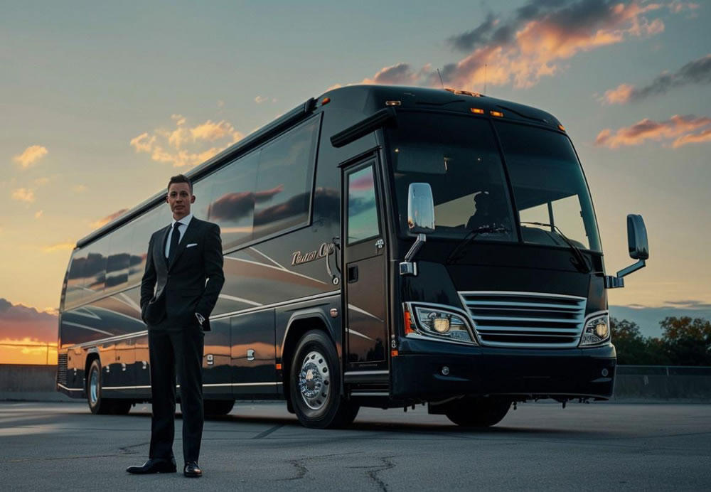 A chauffeur is standing in front of a bus