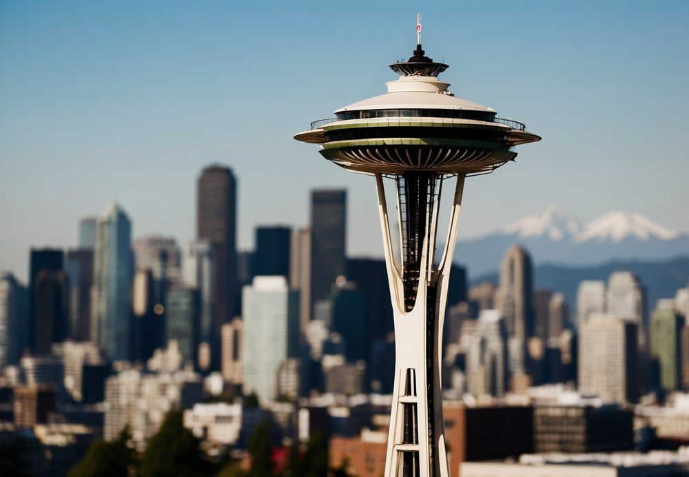 The Space Needle stands tall against a backdrop of city skyscrapers, while ferries glide across the Puget Sound and the iconic Pike Place Market bustles with activity