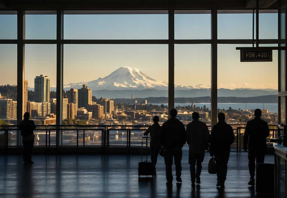 Visitors explore Seattle's top attractions: Space Needle, Pike Place Market, and waterfront. Mt. Rainier looms in the distance, while ferries crisscross Puget Sound