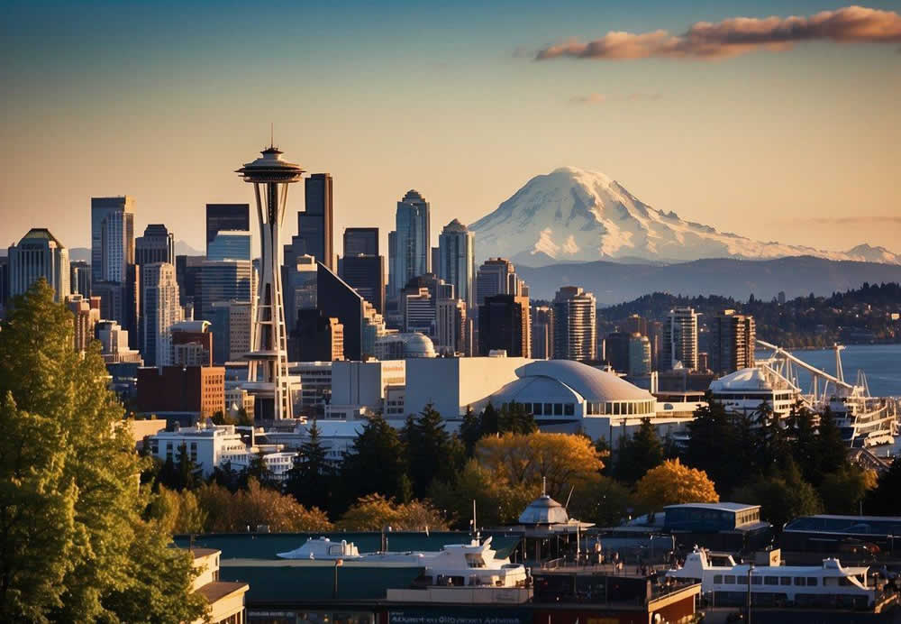 Seattle skyline with iconic Space Needle, Pike Place Market, and waterfront. Mt. Rainier in the background. Visitors exploring museums, parks, and coffee shops