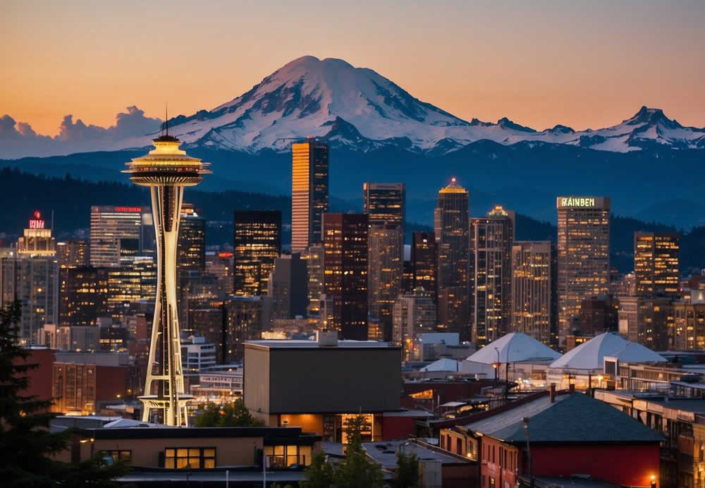 The Space Needle towering over the city skyline, with Mount Rainier in the background and the bustling Pike Place Market in the foreground