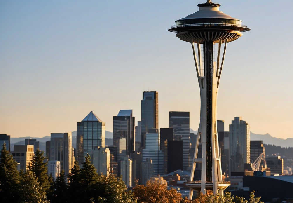 The Space Needle stands tall against a backdrop of the city skyline, with Mount Rainier visible in the distance. The iconic Pike Place Market bustles with activity as visitors explore the stalls and shops