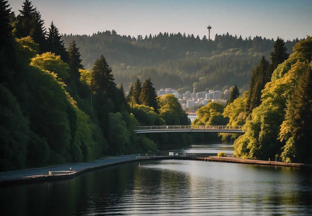 The iconic Space Needle stands tall against a backdrop of lush greenery and the shimmering waters of Puget Sound. The skyline of Seattle, Washington is alive with the energy of a bustling city surrounded by natural wonders