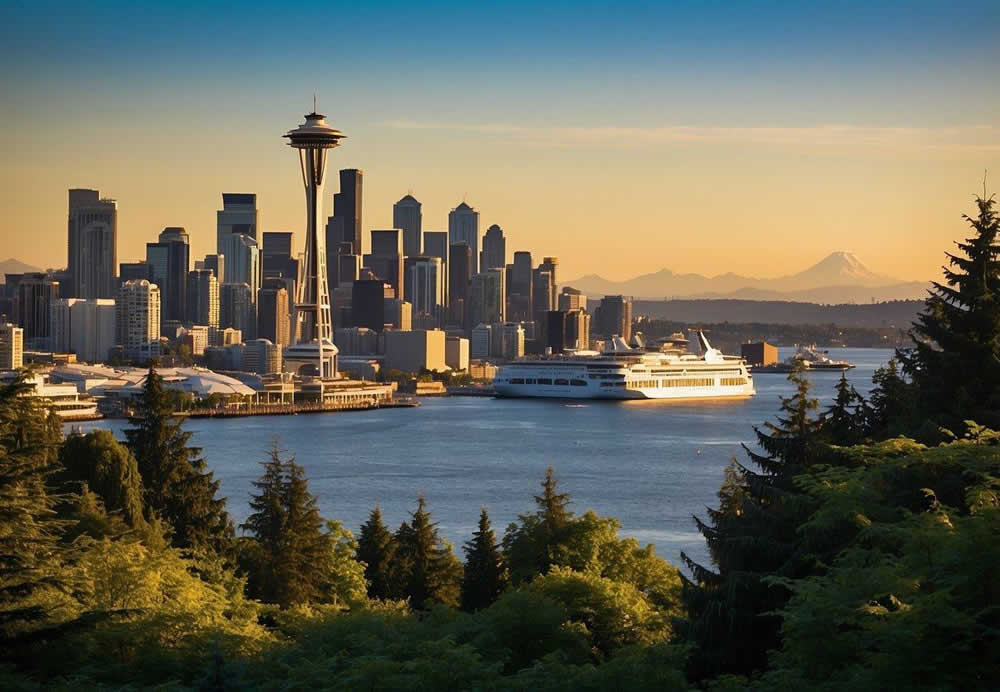 Seattle's skyline stands tall against a backdrop of lush greenery and the iconic Space Needle, while ferries glide across the sparkling waters of Puget Sound