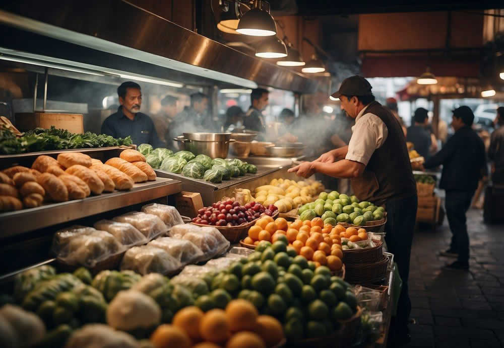 A bustling market with colorful produce stalls, a fishmonger tossing a salmon, and coffee shops with steaming cups and pastries