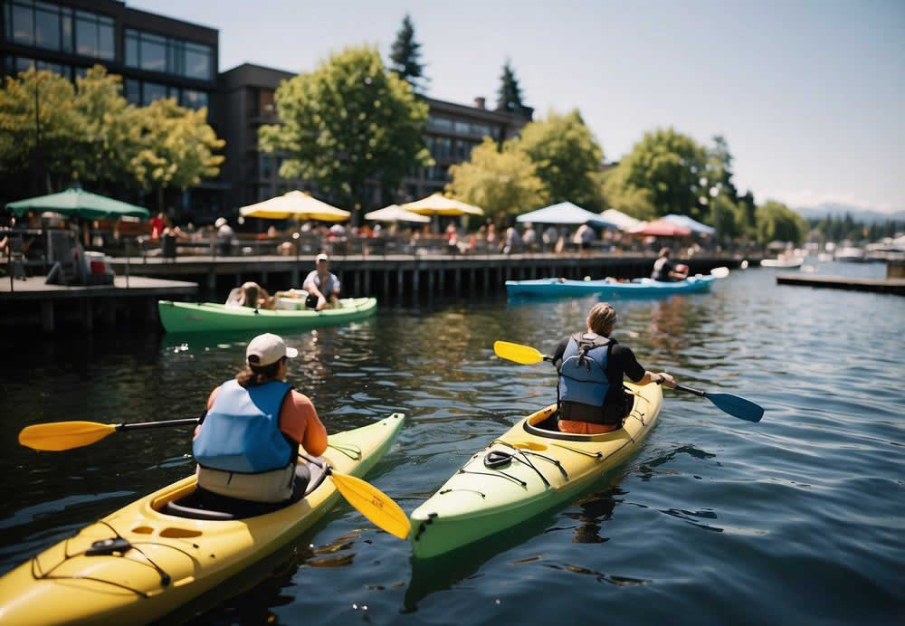 Visitors kayaking on Lake Union, people jogging along the waterfront, families picnicking in Discovery Park, and tourists exploring Pike Place Market