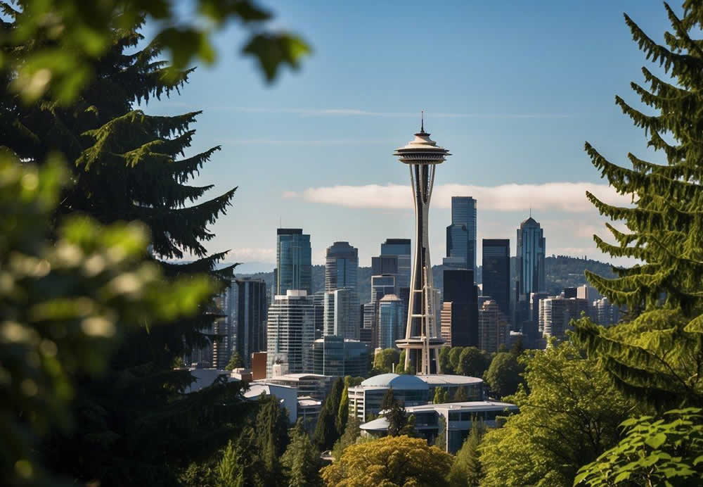 The iconic Space Needle stands tall against a backdrop of modern skyscrapers, surrounded by lush greenery and the sparkling waters of Puget Sound