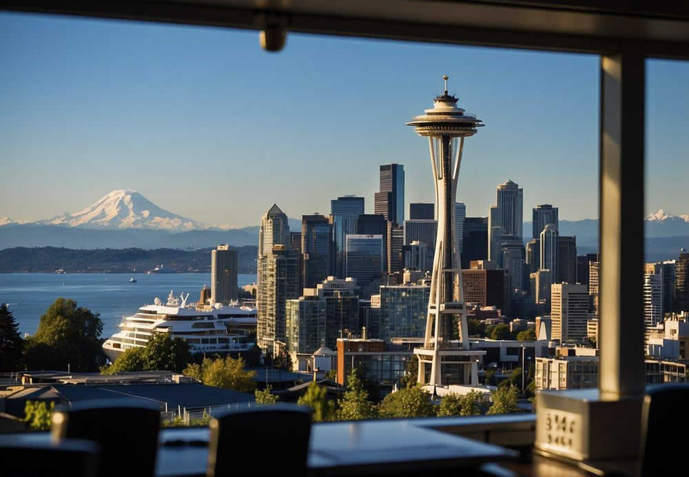 Explore Seattle's iconic Space Needle against a backdrop of the city's skyline, with ferries crossing the Puget Sound and the majestic Mount Rainier in the distance